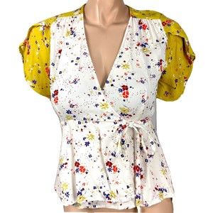 Meadow Rue Anthropologie Bon Voyage Floral Wrap Blouse Top Shirt US Size 6